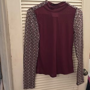 NWOT Free People Eve Top Size Large Maroon Retro Contrast Long Sleeves Mesh